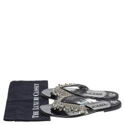 مملوكة مسبقًا Gina Black Leather Crystal Embellished Thong Flats Size 40.5