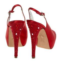 Gina Red Satin Crystal Embellished Platform Slingback Sandals Size 36.5