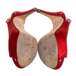 Gina Red Satin Crystal Embellished Platform Slingback Sandals Size 36.5