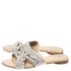 Pre Owned حذاء سلايدز جينا فلات مزخرف كريستال جلد بيج مقاس 38