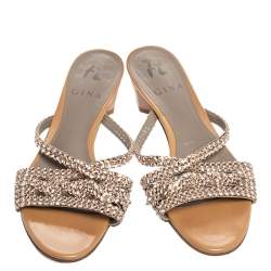 Pre Owned Gina Beige Crystal Embellished Leather Slide Sandals Size 37.5