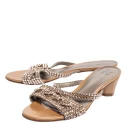 Pre Owned Gina Beige Crystal Embellished Leather Slide Sandals Size 37.5