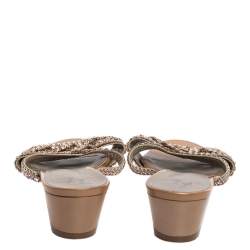 Pre Owned Gina Beige Crystal Embellished Leather Slide Sandals Size 37.5