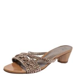 Pre Owned Gina Beige Crystal Embellished Leather Slide Sandals Size 37.5