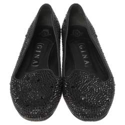Pre Owned Gina Black Crystal Embellished Satin Ballet Flats Size 37.5