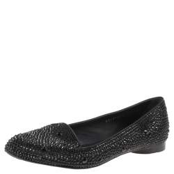 Pre Owned Gina Black Crystal Embellished Satin Ballet Flats Size 37.5