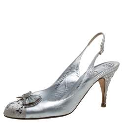 مملوكة مسبقًا Gina Metallic Silver Leather And Satin Crystal Embellished Bow Slingback Sandals Size 40.5
