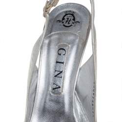 مملوكة مسبقًا Gina Metallic Silver Leather And Satin Crystal Embellished Bow Slingback Sandals Size 40.5