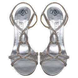 Pre Owned صندل جينا فتحة كعب زخرفة كريستال وجلد فضى مقاس 37