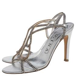 Pre Owned صندل جينا فتحة كعب زخرفة كريستال وجلد فضى مقاس 37