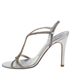 Pre Owned صندل جينا فتحة كعب زخرفة كريستال وجلد فضى مقاس 37