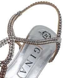 Pre Owned صندل جينا فتحة كعب زخرفة كريستال وجلد فضى مقاس 37