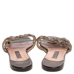 Pre Owned حذاء سلايد جينا فلات زخرفة كريستال جلد لامع بنى داكن مقاس 40