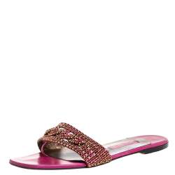 مملوكة مسبقًا Gina Magenta Leather Athena Crystal Embellished Slide Flats Size 38