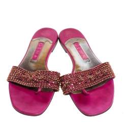 مملوكة مس بقًا Gina Magenta Leather Athena Crystal Embellished Slide Flats Size 38