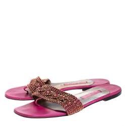 مملوكة مسبقًا Gina Magenta Leather Athena Crystal Embellished Slide Flats Size 38