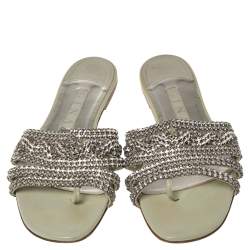 Pre Owned Gina Pale Green Patent Leather Crystal Embellished Thong Flat Slides Size 39