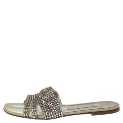 Pre Owned Gina Pale Green Patent Leather Crystal Embellished Thong Flat Slides Size 39