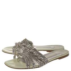 Pre Owned Gina Pale Green Patent Leather Crystal Embellished Thong Flat Slides Size 39