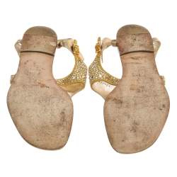 Pre Owned حذاء فلات بإصبع جينا زخرفة كريستان ساتان ذهبى مقاس 38