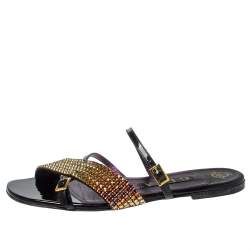 Pre Owned صندل سلايد جينا فلات جلد لامع زخرفة كريستال متعدد الألوان مقاس 38.5