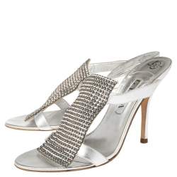 Pre Owned صندل سلايد جينا زخرفة كريستال وجلد فضى مقاس 41