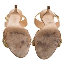 Pre Owned Gina Beige Leather Crystal Embellished Naomi Slingback Sandals Size 37.5