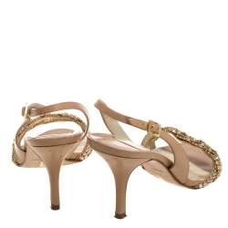 Pre Owned Gina Beige Leather Crystal Embellished Naomi Slingback Sandals Size 37.5