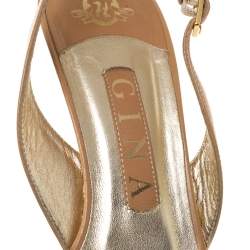Pre Owned Gina Beige Leather Crystal Embellished Naomi Slingback Sandals Size 37.5