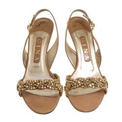 Pre Owned Gina Beige Leather Crystal Embellished Naomi Slingback Sandals Size 37.5
