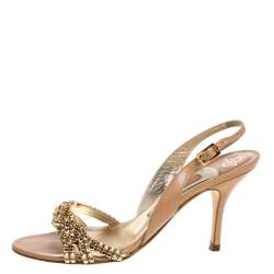 Pre Owned Gina Beige Leather Crystal Embellished Naomi Slingback Sandals Size 37.5