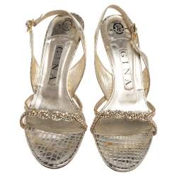 Pre Owned Gina Gold Croc Embossed Leather Crystal Embellished Slingback Sandals Size 37.5