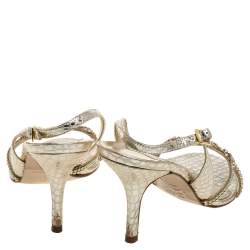 Pre Owned Gina Gold Croc Embossed Leather Crystal Embellished Slingback Sandals Size 37.5