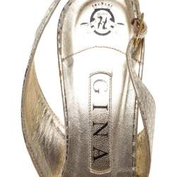 Pre Owned Gina Gold Croc Embossed Leather Crystal Embellished Slingback Sandals Size 37.5