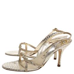 Pre Owned Gina Gold Croc Embossed Leather Crystal Embellished Slingback Sandals Size 37.5
