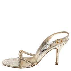 Pre Owned Gina Gold Croc Embossed Leather Crystal Embellished Slingback Sandals Size 37.5