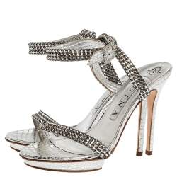 Pre Owned Gina Metallic Silver Croc Embossed Leather Crystal Embellished Ankle Wrap Sandals Size 38