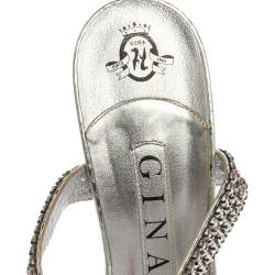 Pre Owned Gina Metallic Silver Croc Embossed Leather Crystal Embellished Ankle Wrap Sandals Size 38