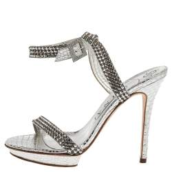 Pre Owned Gina Metallic Silver Croc Embossed Leather Crystal Embellished Ankle Wrap Sandals Size 38