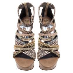 Pre Owned صندل جينا مزخرف بالكريستال ونعل سميك وأسورة كاحل جلد بيج وحواف جلد الثعبان مقاس 38