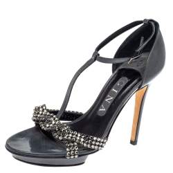 Gina Grey Patent Leather Crystal Embellished T-Strap Sandals Size 37.5