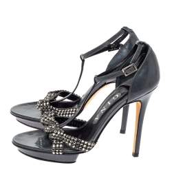 Gina Grey Patent Leather Crystal Embellished T-Strap Sandals Size 37.5