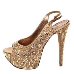 Gina Beige Satin Crystal Embellished Platform Peep Toe Slingback Sandals Size 38