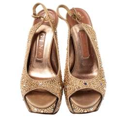Pre Owned Gina Beige Satin Crystal Embellished Platform Peep Toe Slingback Sandals Size 38