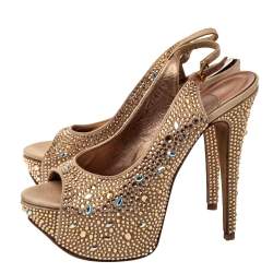 Pre Owned Gina Beige Satin Crystal Embellished Platform Peep Toe Slingback Sandals Size 38