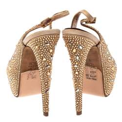 Gina Beige Satin Crystal Embellished Platform Peep Toe Slingback Sandals Size 38