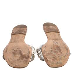 Pre Owned Gina White Leather Crystal Embellished Slide Flats Size 38.5