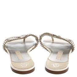 Pre Owned Gina White Leather Crystal Embellished Slide Flats Size 38.5