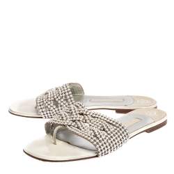 Pre Owned Gina White Leather Crystal Embellished Slide Flats Size 38.5