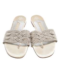 Pre Owned Gina White Leather Crystal Embellished Slide Flats Size 38.5